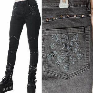 Killstar Anika Skinny Jeans Size Large Black Embroidered Moon Pentagram Studded